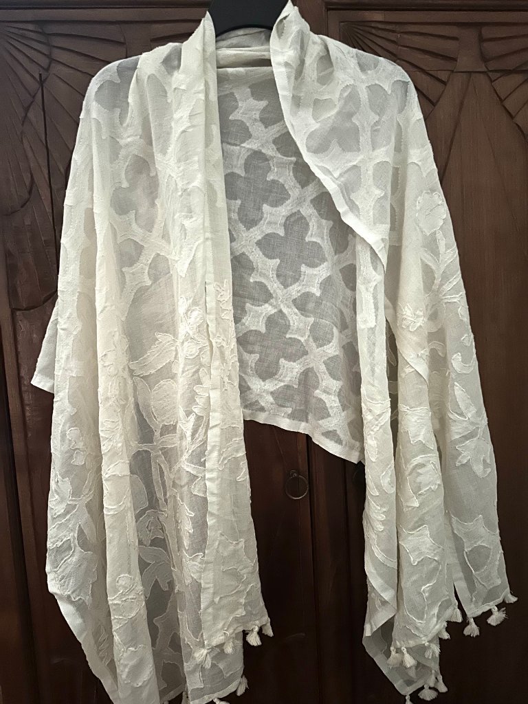 Vinsmaya Cream Colored Cotton Embroidered Wrap 28" X 68"